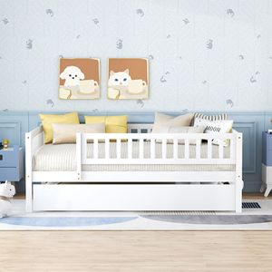Letto a giorno in legno bianco a grandezza naturale per bambini con letto estraibile e sponde di sicurezza - Product Image 2