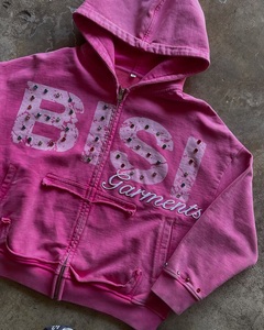 Sweat à capuche rose personnalisé avec fermeture éclair intégrale, orné de strass, en coton épais, brodé graphique, style streetwear vieilli pour homme - Product Image 2