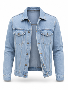 Veste en jean bleu clair pour homme avec logo personnalisé, 100 % coton, coupe classique, fermeture boutonnée, délavée, coupe-vent, écologique, style décontracté - Product Image 3