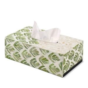 Dispensador de pañuelos de lujo negro y crema con diseño botánico, cubierta moderna para caja de pañuelos con incrustaciones de hueso y patrón de peonía. - Product Image 3