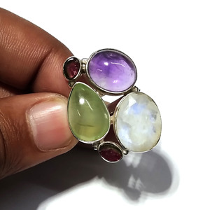 Natural Moonstone Prehnite Amethyst Tourmaline Gemstone Bezel Set <b>Ring</b> 925 Sterling Silver Handmade Multi Stone Wedding - Product Image 1