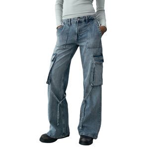 Pantalones vaqueros acampanados de cintura alta con bloques de color para mujer, al por mayor, de alta elasticidad, con bolsillos de corte diagonal, para mujer - Product Image 1