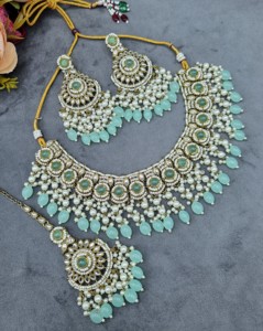 Handcrafted Round Stone Heavy Choker Necklace With Earrings And Mangtika Traditional Ethnic Designer Fashion Jewellery Wholesale - Product Image 1