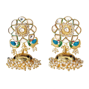 Vintage Gold Plated Kundan Peacock Enameled Jhumka Drop Earrings with Pearl and Diamond - Product Image 2