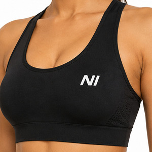 OEM Women Seamless Sports Bra Scoop Neck Racerback Zipper Front Medium Support Breathable Fitness Workout Wear Solid Black - Product Image 3