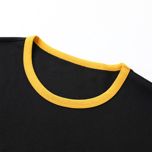 Camiseta Negra de Manga Corta al Por Mayor de Primera Calidad con Ribete Amarillo en Contraste, Cuello Redondo, Corte Regular, Color Sólido Informal - Product Image 5