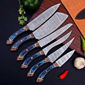Juego de cuchillos de chef Damasco hechos a mano, colección de 6 cuchillos de cocina, mangos de madera azul, funda de cuero - Product Image 5