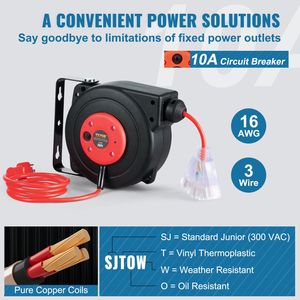 Avvolgicavo Elettrico Retrattile Professionale da 9 Metri (30 FT) con Cavo 16AWG/3C SJTOW, 10 Prese Multiple e Presa Tripla Illuminata - Product Image 4