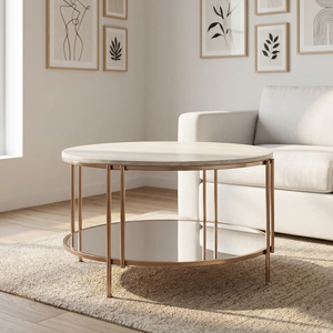 Mesa de centro redonda moderna para sala de estar, mesa con estructura de metal, estante de vidrio, mesa de centro con superficie de mármol para uso en oficina o restaurante. - Product Image 1