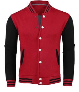 Veste universitaire rouge pour homme, manches noires, col montant, boutons blancs, vêtement décontracté d'automne, en polyester et coton - Product Image 1