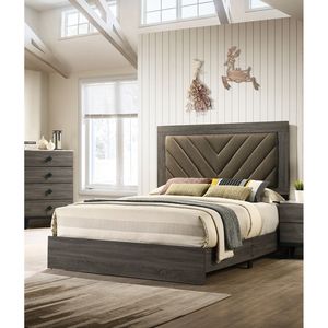 Letto matrimoniale moderno 1 pezzo con finitura grigia, mobili per camera da letto, testiera imbottita, struttura letto in legno di gomma, letti imbottiti - Product Image 1