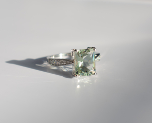 Natural Green Amethyst Prasiolite <b>Ring</b> 925 Sterling <b>Silver</b> Radiant Cut Mint Green Gemstone <b>Solitaire</b> with Zircon Accents - Product Image 2