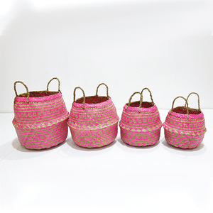 Trending Durable Circle Natural Palm Leaf Eco-friendly Pink <b>Storage</b> Basket Laundry <b>Hamper</b> - Product Image 2