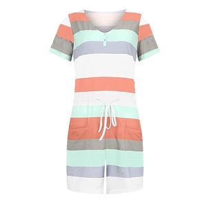 Women's Striped Knitted <b>Jumpsuit</b> Short Sleeve V-Neck Loose Fit <b>With</b> <b>Pockets</b> Breathable Casual Spring Summer Wear - Product Image 1