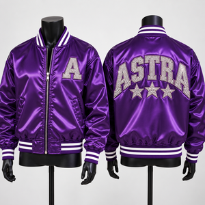 Chaqueta Varsity Astra Morada para Hombre, con Logotipo de Letras en Lentejuelas, Cierre de Botones Cubiertos, Cuello Alto Transpirable, Estilo Preppy, Corte Regular - Product Image 1