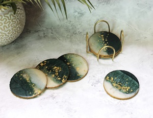 High Quality Eco-Friendly Custom Brand Modern Resin Oval <b>Coaster</b> <b>Green</b> Gold Leaf Design 400mm Diameter 5mm Thick Home Wedding - Product Image 3