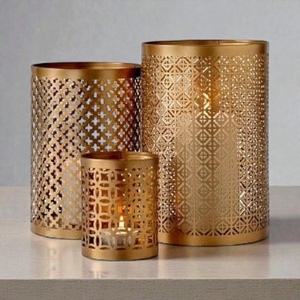 Golden Geometric Metal <b>Lantern</b> Set With Die Cut Pattern For Home Decoration Heat Resistant <b>Brass</b> Candle Holders - Product Image 1