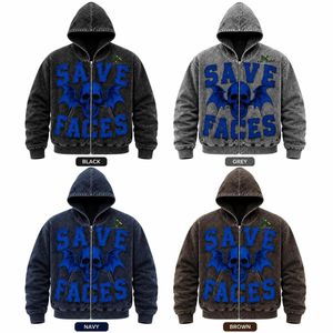 Sweat à capuche zippé personnalisé pour homme, style denim, avec lettres appliquées et effet délavé à l'acide, imprimé crâne vintage, vente en gros usine OEM - Product Image 6