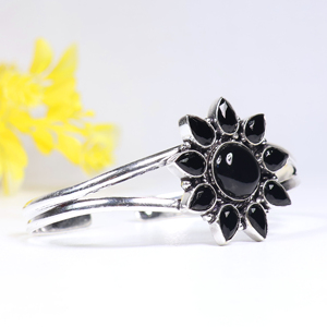 Wholesale 925 Sterling <b>Silver</b> Black Onyx Sunburst <b>Cuff</b> <b>Bracelet</b> Handcrafted Natural Gemstone Flower Bangle Jewelry for Women - Product Image 6
