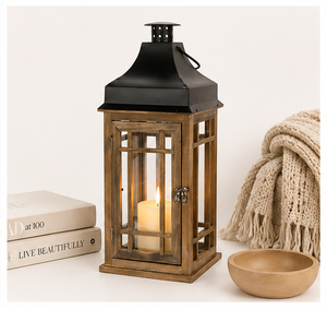 Lanterne à bougie décorative en bois de style farmhouse avec dessus en métal, lanterne de table vintage pour la décoration de la maison et l'éclairage extérieur du patio - Product Image 3