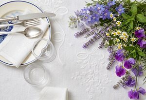 Wholesale Customized Modern Cotton Embroidered Pretty White Flower & Ribbon Durable Full Sizes Washable Tablecloth - Product Image 2