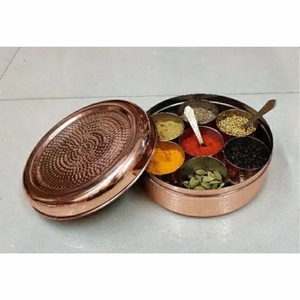 Indian Hammered Copper <b>Spice</b> Box Stainless Steel <b>Spice</b> Container Masala Dabba Round Kitchen <b>Spice</b> Storage Box <b>Set</b> with Lid - Product Image 1