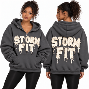 Sudadera con capucha de media cremallera para mujer, color champán, estilo Storm Fit, con apliques de letras, hombros caídos, bolsillo canguro, informal, de forro polar, estilo urbano, cortavientos - Product Image 5