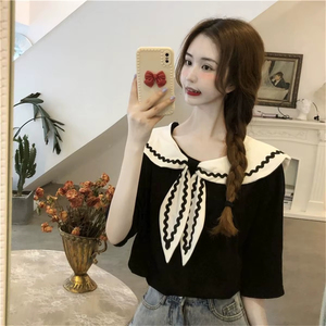 เสื้อฮู้ดผู้หญิง คอปกกะลาสี เสื้อยืดผู้หญิงทรงหลวม สไตล์น่ารัก เสื้อผ้าแบบต่อผ้า ดีไซน์เนอร์มืออาชีพ เสื้อฮู้ดสไตล์มินิมอล - Product Image 4