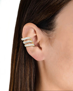 Luxury Baguette Cut Lab Grown Diamond Triple <b>Row</b> Ear Cuff 10K/14K/18K Gold & 925/935 Silver Wedding <b>Gift</b> for Women - Product Image 1