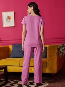 Women’s Everyday Cotton Printed Pajama Set Round Neck Half Sleeve Top & <b>Pyjama</b> Pants Nightwear - Product Image 2