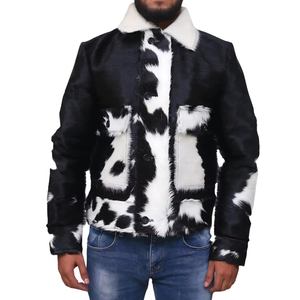 Men Western Style Cow Print Faux <b>Fur</b> Jacket Black White Button Front Winter Outerwear Winter <b>Coat</b> Regular Fit Thick Material - Product Image 1