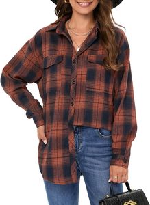 Chemise en flanelle à carreaux surdimensionnée pour femme, à manches longues, boutonnée, style shacket, noir et blanc, coupe décontractée, chemisier ample - Product Image 3