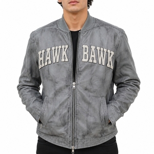Chaqueta Bomber de Cuero Premium para Hombre, Color Gris Lavado, con Estampado de Letras, Cierre de Cremallera Frontal, Estilo Casual, para Otoño, Calidad de Exportación - Product Image 1
