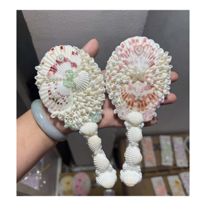 Handmade Seashell Oval Mini Compact Makeup <b>Mirror</b> With Pearl Beads And Flower Design Coastal Style Vanity Pocket <b>Mirror</b> - Product Image 6