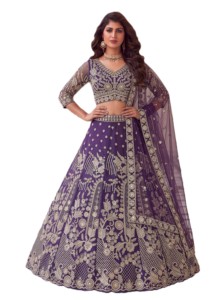 Purple Embroidered Butterfly <b>Net</b> Semi-Stitched Lehenga Choli with Dupatta Floral Design Traditional Indian Wedding Wear Women's - Product Image 2