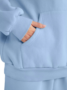 Women's Light Blue Loose Hooded <b>Sweatshirt</b> and Jogger Pants Two Piece Tracksuit Set - Product Image 6