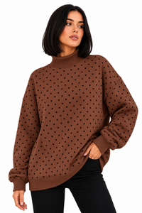 Sudadera cómoda de secado rápido y transpirable con lunares rosas, cuello simulado, para mujer, manga larga, de punto de algodón, estilo otoñal - Product Image 6