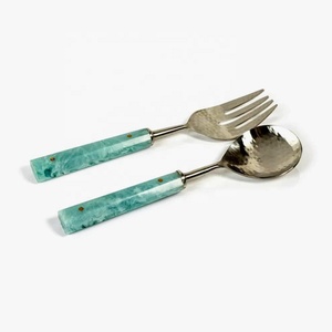 Silver Polished Salad Server Spoon & Fork Set Green Resin Handle <b>Decor</b> Wedding Restaurant Salad Servers Set - Product Image 1