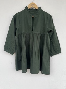 Women's Dark Green Cotton Long Sleeve <b>Top</b> Solid Color Ruffle Neck Design Blouse Bohemian Casual Wear Lightweight Summer Tunic - Product Image 1