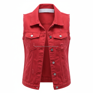 <b>Men's</b> Sleeveless Denim <b>Vest</b> Slim Fit Washed Distressed Embroidery Custom OEM Wholesale - Product Image 2