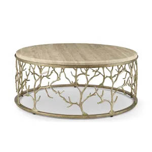 Table basse ronde moderne avec plateau en marbre et base en métal à design de branches pour le mobilier de salon - Product Image 1