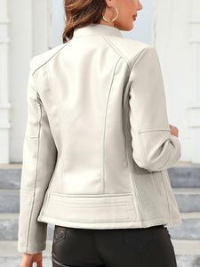 เสื้อแจ็คเก็ตมอเตอร์ไซค์ผู้หญิงสีขาว หนัง PU ทอแบบสาน สำหรับใส่กลางแจ้ง แขนยาว ปิดด้วยซิป คอปกพับได้ สไตล์ฤดูใบไม้ร่วง - Product Image 2