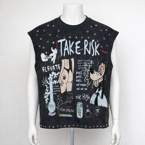 ผู้ผลิตเสื้อยืด OEM แบบกำหนดเอง เสื้อยืดผู้ชายทรงโอเวอร์ไซส์ ผ้าฝ้าย 100% คอทรงกลม พิมพ์โลโก้ตามสั่ง ประดับเพชรเทียม เสื้อกั๊กสตรีทแวร์ - Product Image 5