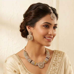 Gold Plated CZ American Diamond <b>Necklace</b> <b>Set</b> with Imitation <b>Pearl</b> Earrings for Women - Product Image 4
