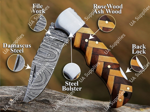 Couteau pliant à verrouillage arrière en acier Damas fait main de qualité industrielle, manche en bois d'olivier et de palissandre, vente en gros, offre spéciale - Product Image 6