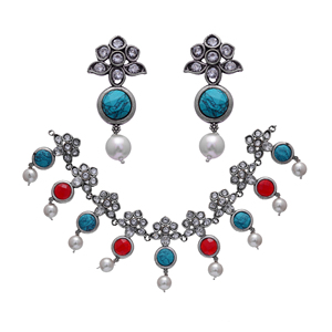 Natural Multi Color Antique Silver Oxidized Choker Necklace Set with Earrings, Designer Fashion Jewelry for Women - Product Image 5