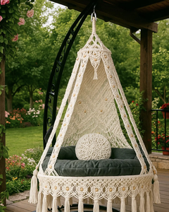 Fauteuil suspendu en macramé, hamac de jardin pour la détente sur la terrasse, mobilier d'extérieur élégant pour le salon - Product Image 2