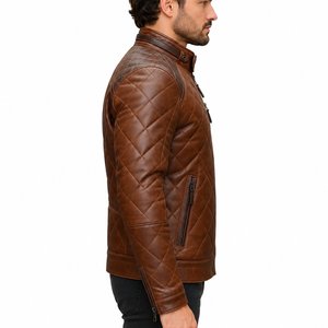 Blouson moto en cuir véritable pour homme, col montant, fermeture éclair, design matelassé, marron uni, vêtement d'extérieur d'hiver, imperméable et respirant - Product Image 2