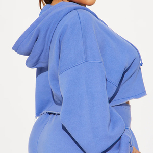 Ensemble tendance 2 pièces pour femme, bleu, avec crop top à capuche et short, en polaire, décontracté, printemps-été, couleur unie, fermeture éclair sur le devant, coupe classique 2026 - Product Image 4