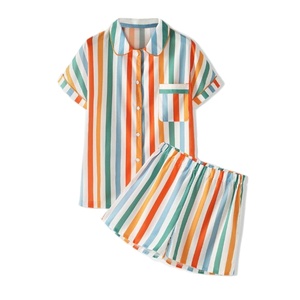 ชุดนอนสองชิ้นลายทางแขนสั้นคอปก2024ของผู้หญิงชุดนอนสตรีชุดกลางคืนสำหรับฤดูร้อนและฤดูใบไม้ร่วง - Product Image 1